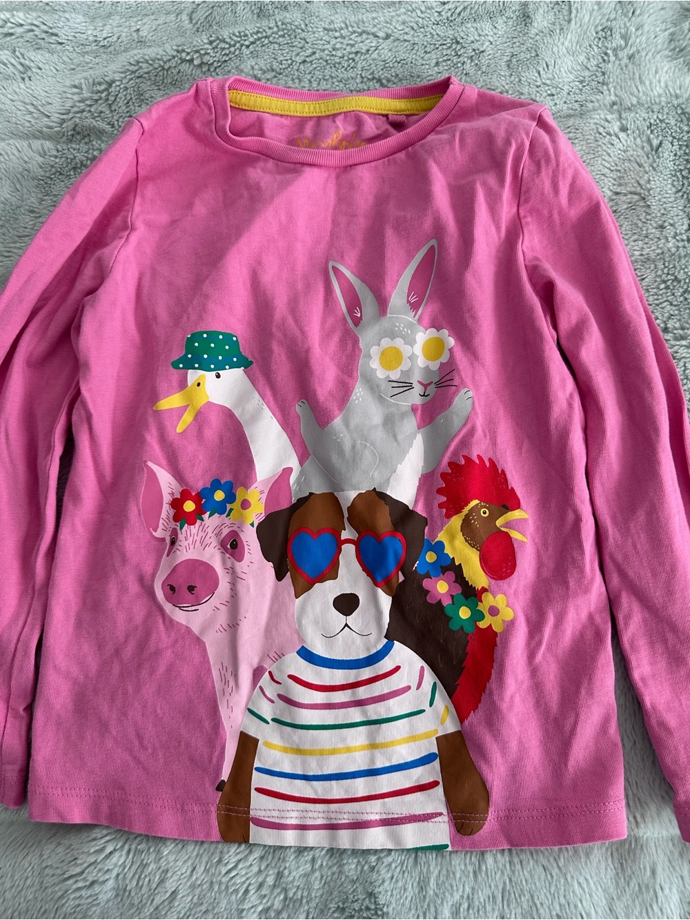 Mini Boden Pink Long-Sleeve Tee with Colorful Animal Graphic